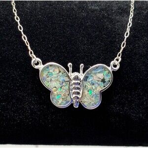 Sterling Silver Opal Inlay Butterfly Necklace 17 Inch Cable Chain Pendant Petite